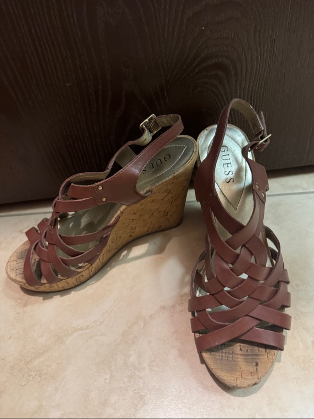 GUESS Brown Leather Woven Cork Wedge Sandals